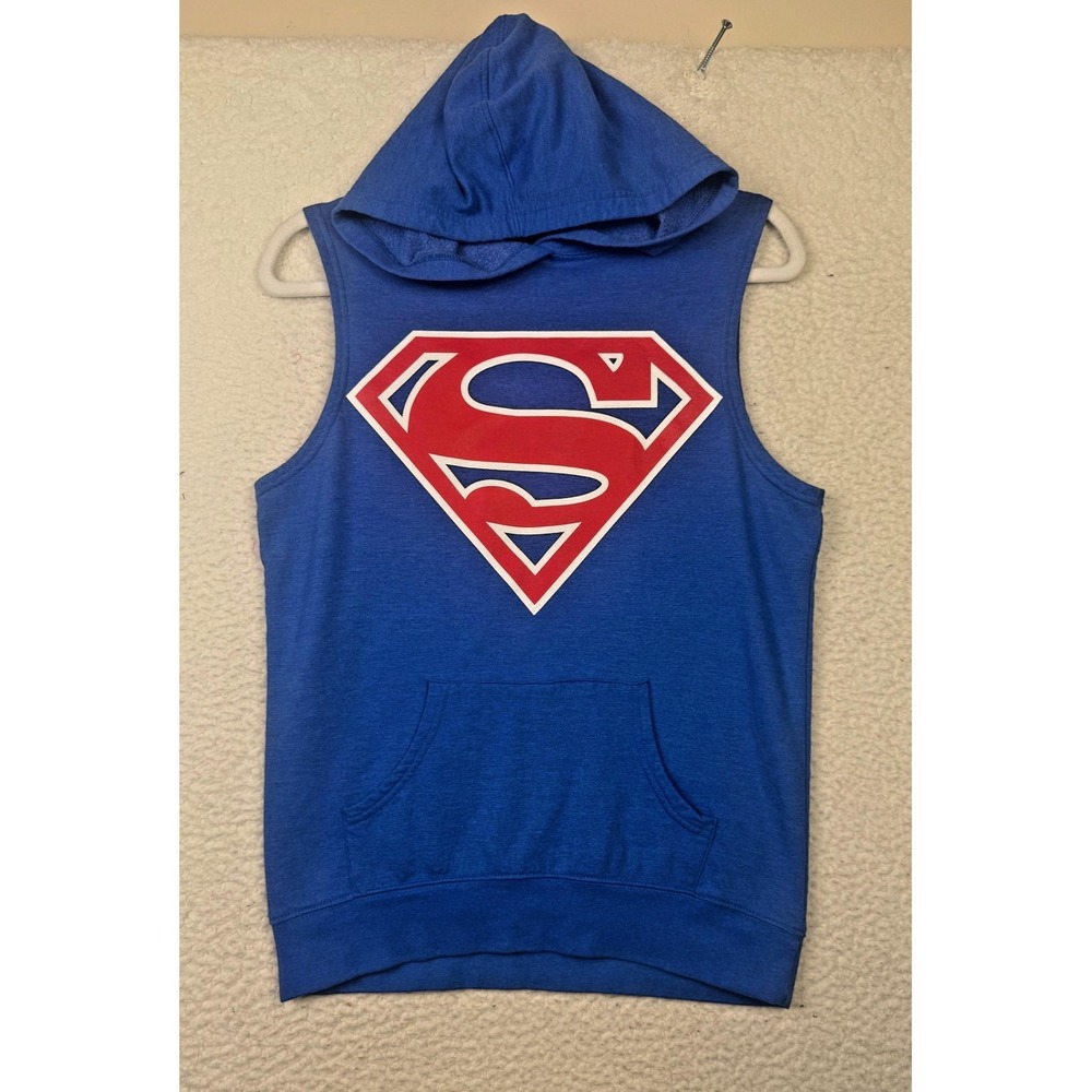 Superman Hoodie‎ Mens Medium Blue Sleeveless Fleece Graphic Logo Pullover